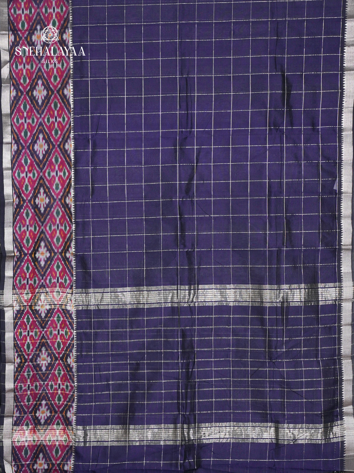 Navy Blue Mangalagiri Silk Cotton Saree with Ikat Border