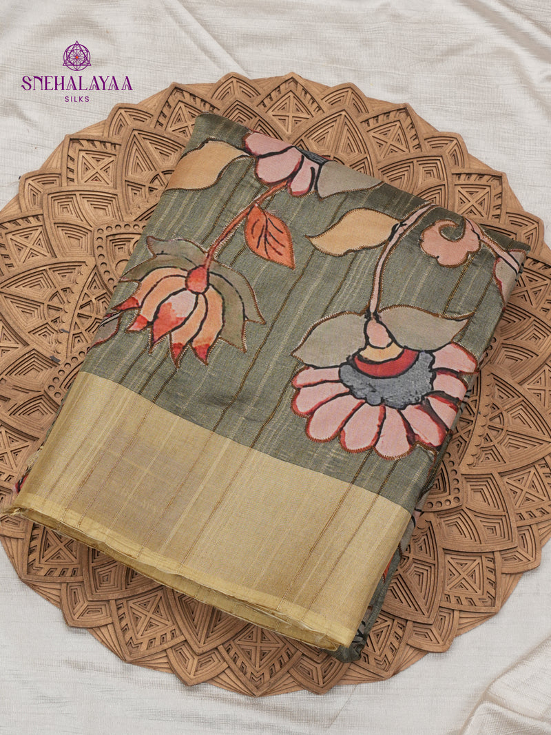 Olive Green Tussar Embroidery Saree