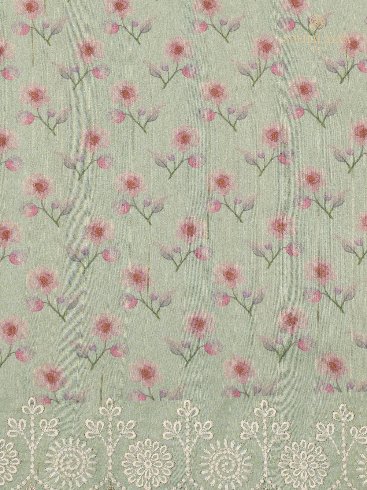 Pista Raw Silk Embroidery Saree