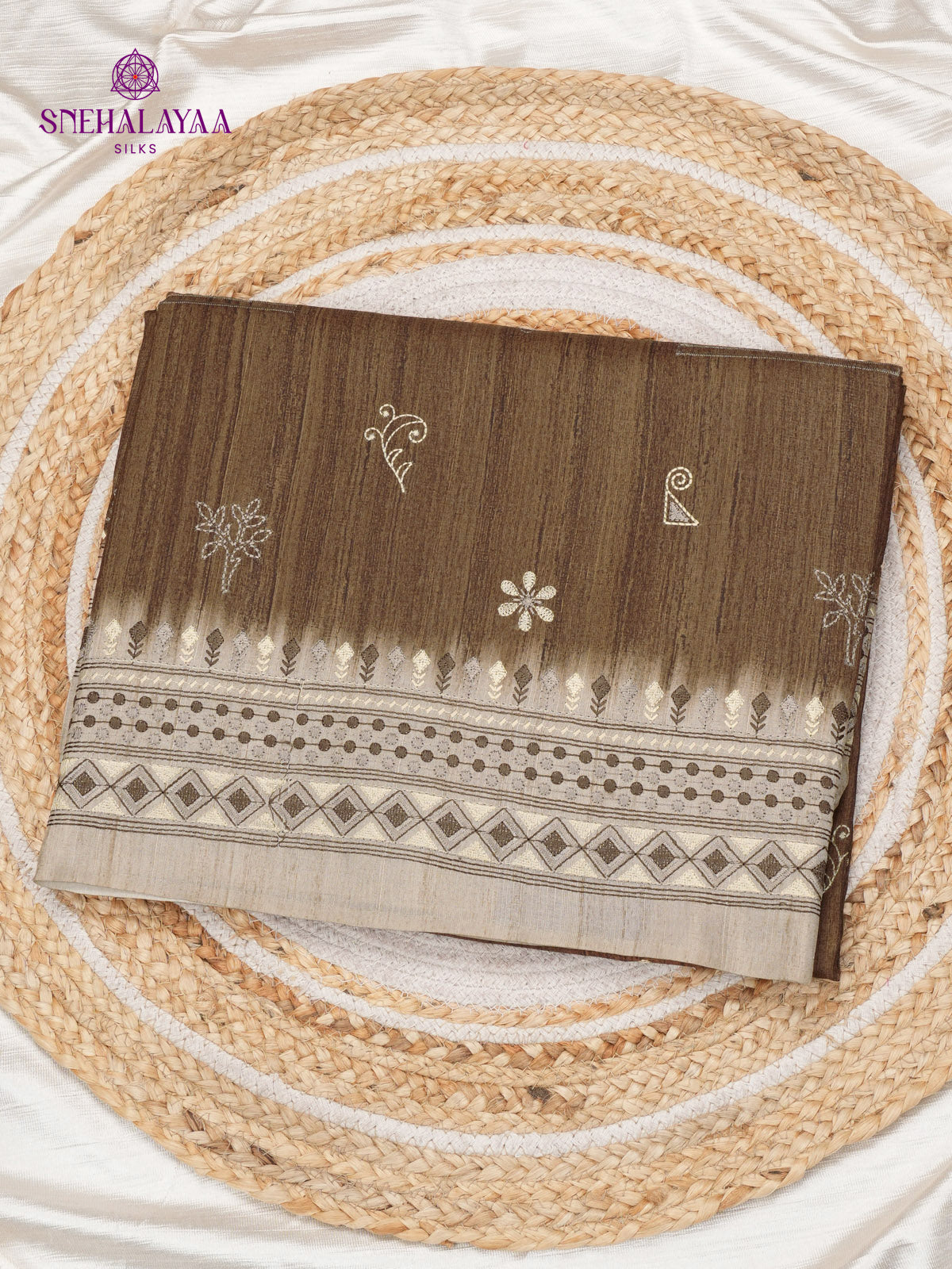 Brown Tussar Embroidery Saree