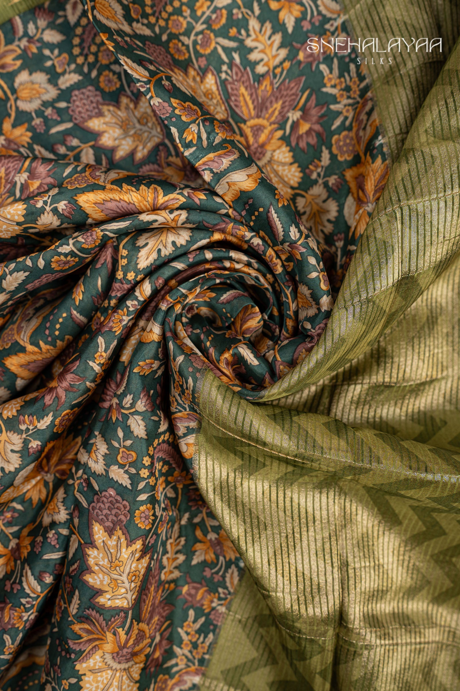 Moss Green Semi Printed Silk Saree