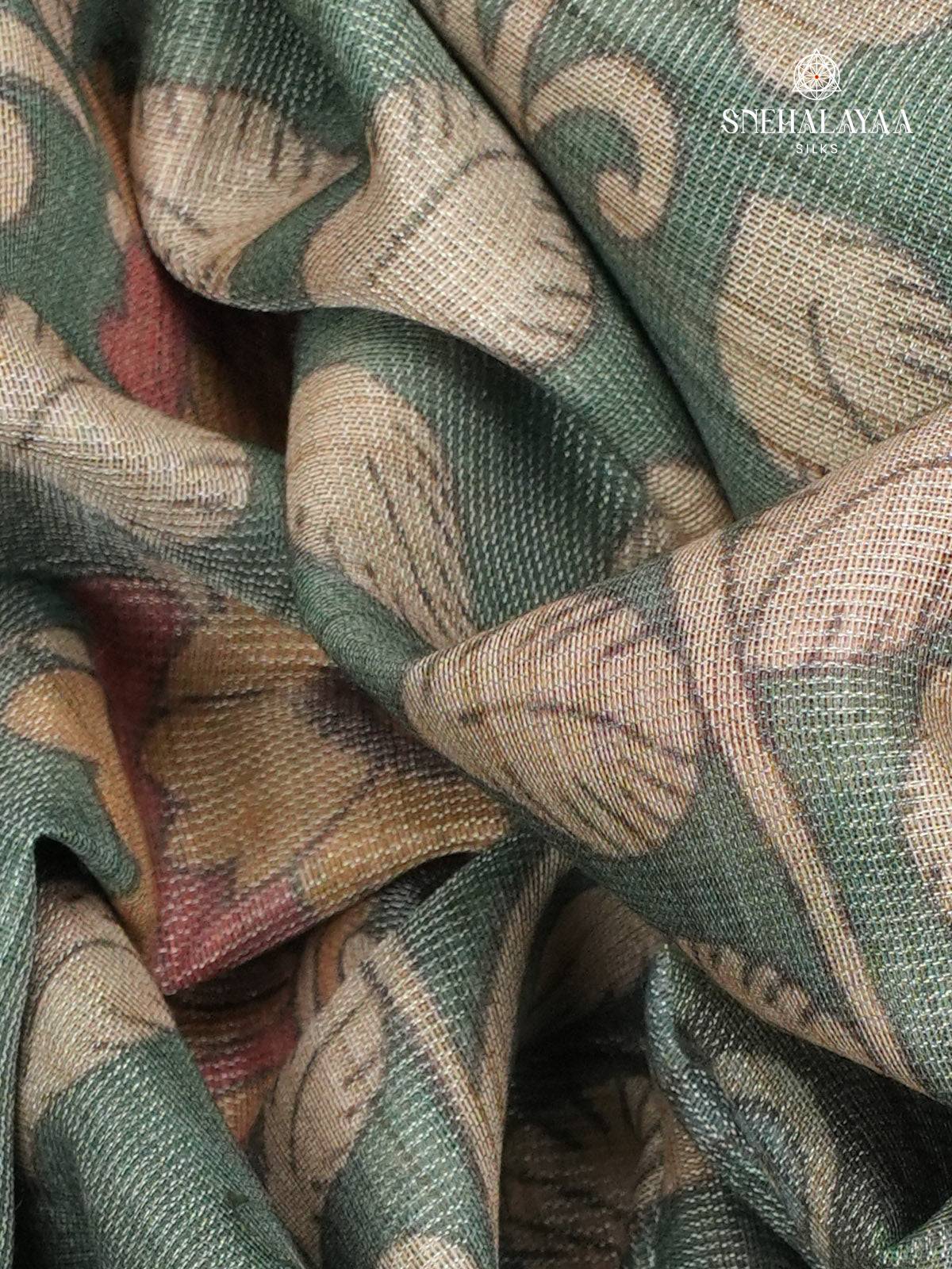 Pastel Green Floral Printed Tussar Saree