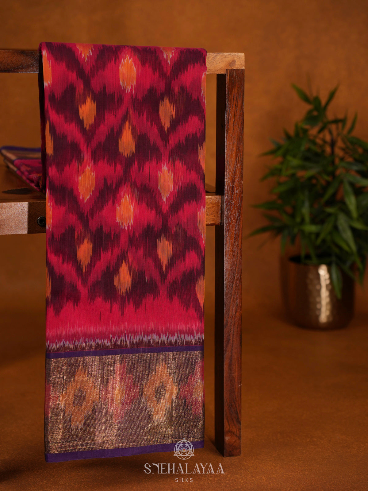 Pink Ikat Silk Cotton Saree with Traditional Woven Border