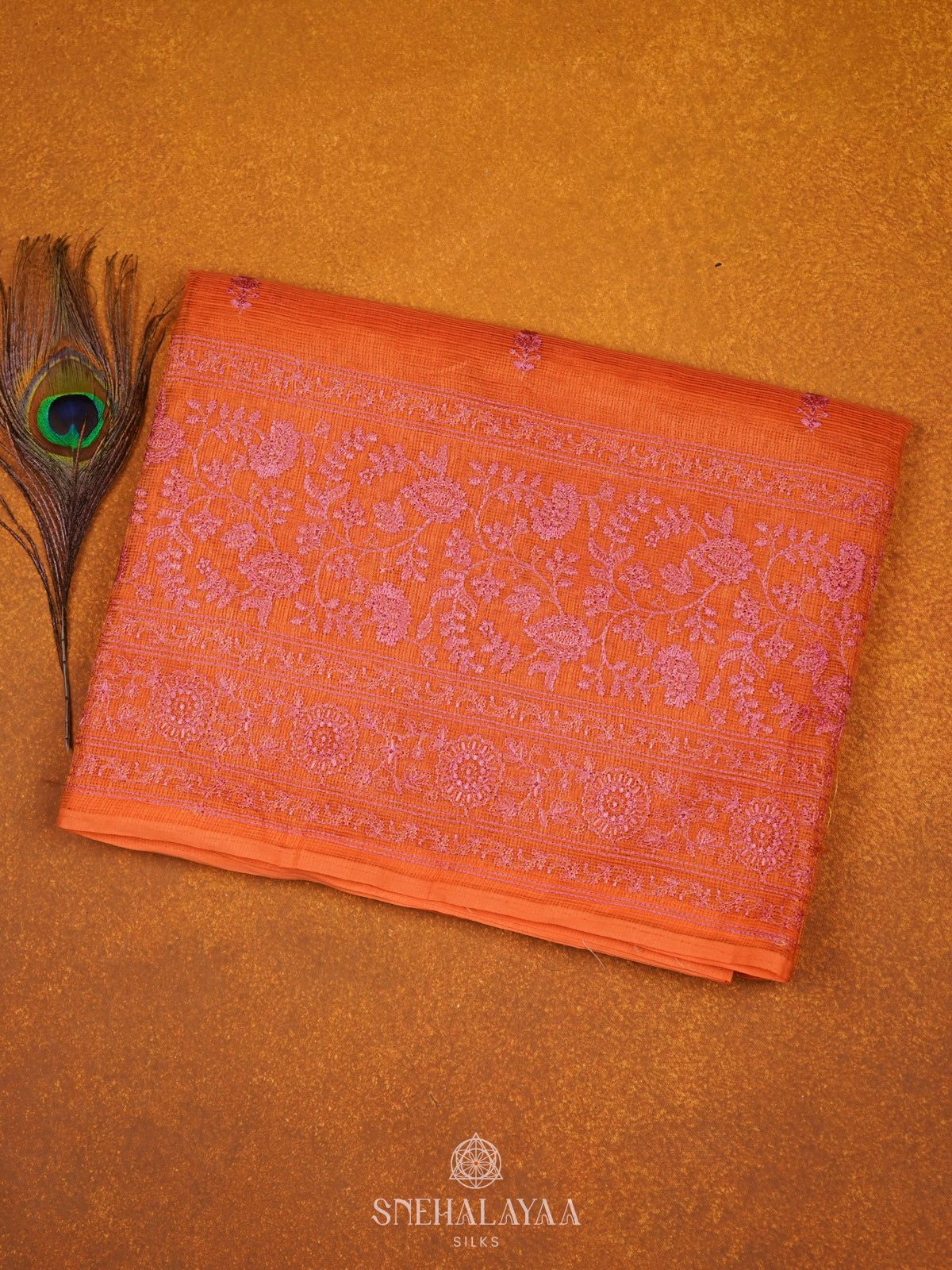 Orange Kota Embroidery Saree