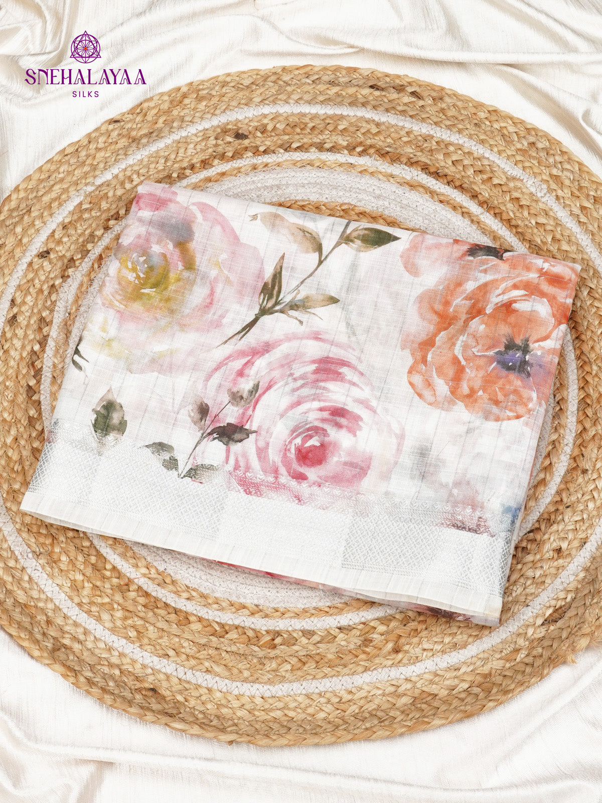 Off White Printed Linen Saree