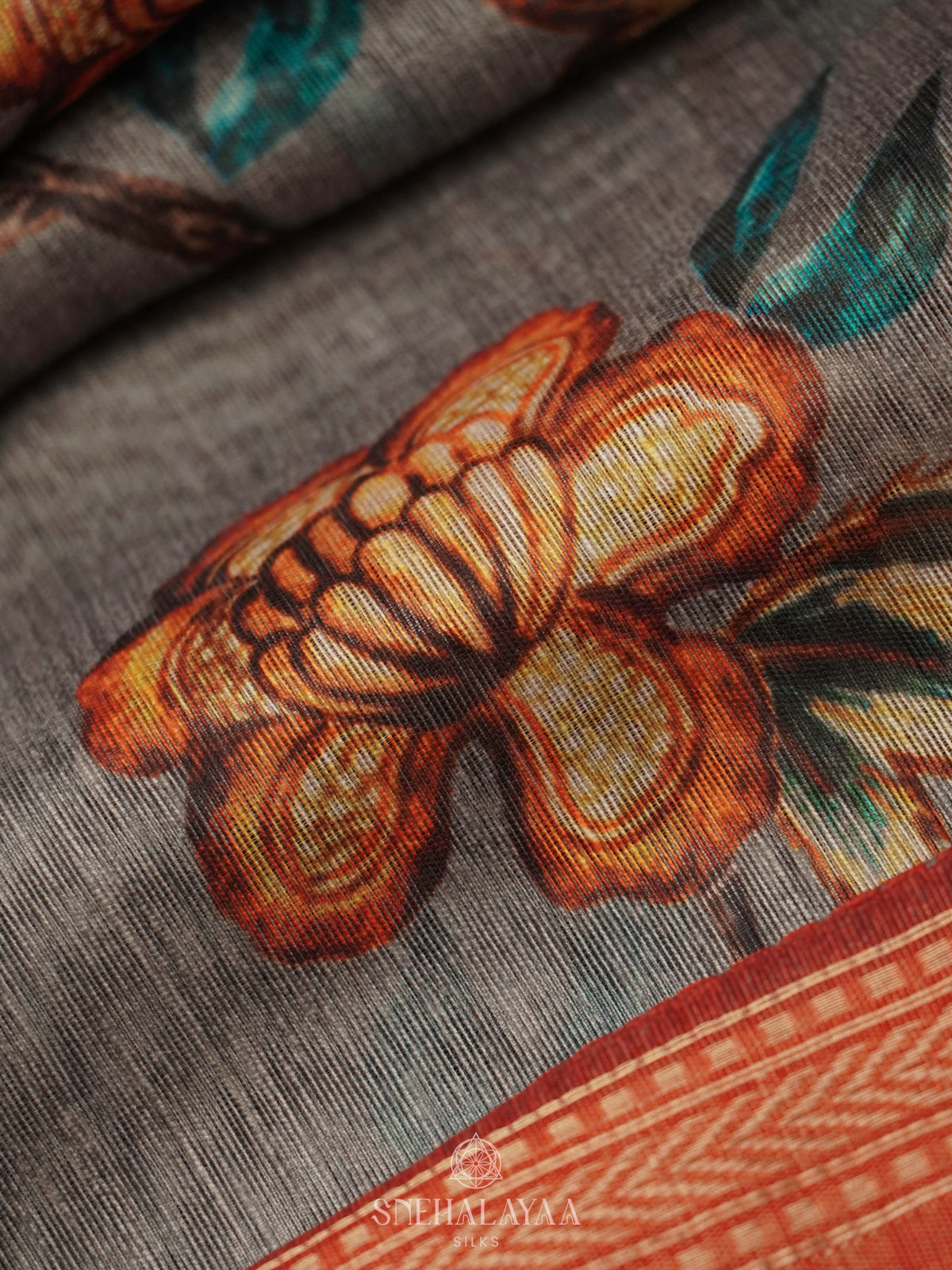 Grey Printed Linen Saree