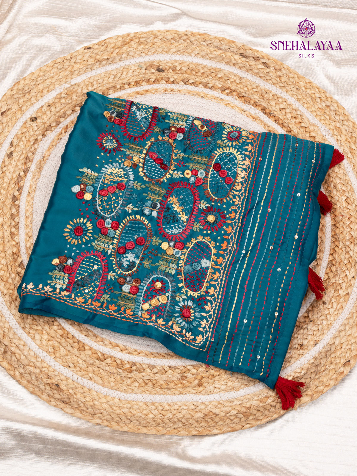 Blue Satin Embroidery Saree