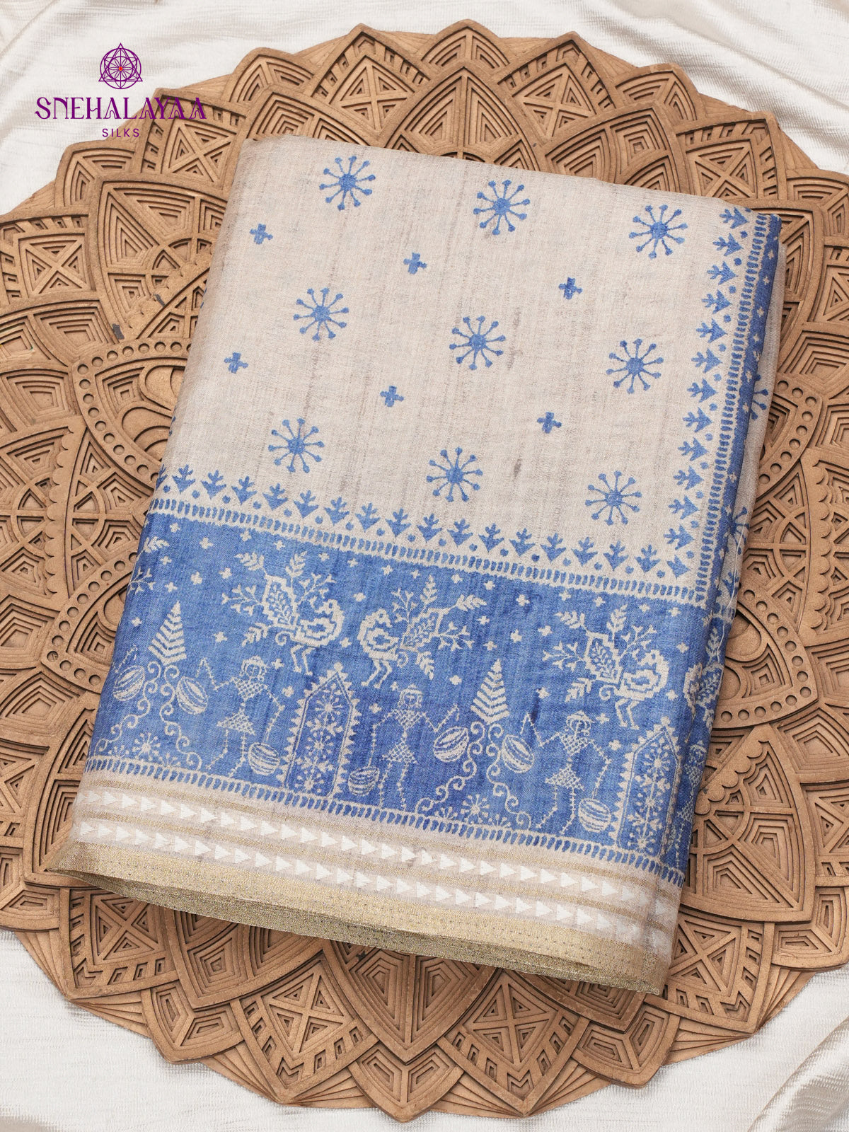 Beige With Blue Border Printed Tussar Saree
