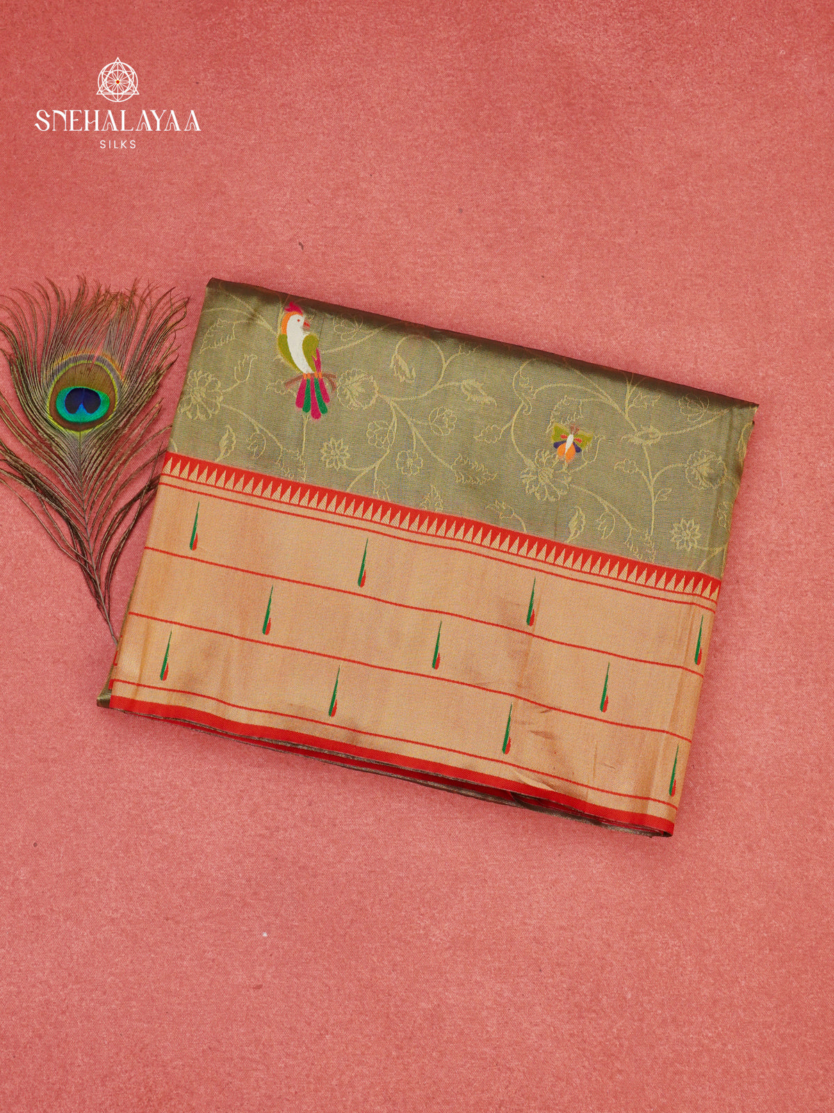 Olive Green Tissue Paithani Saree