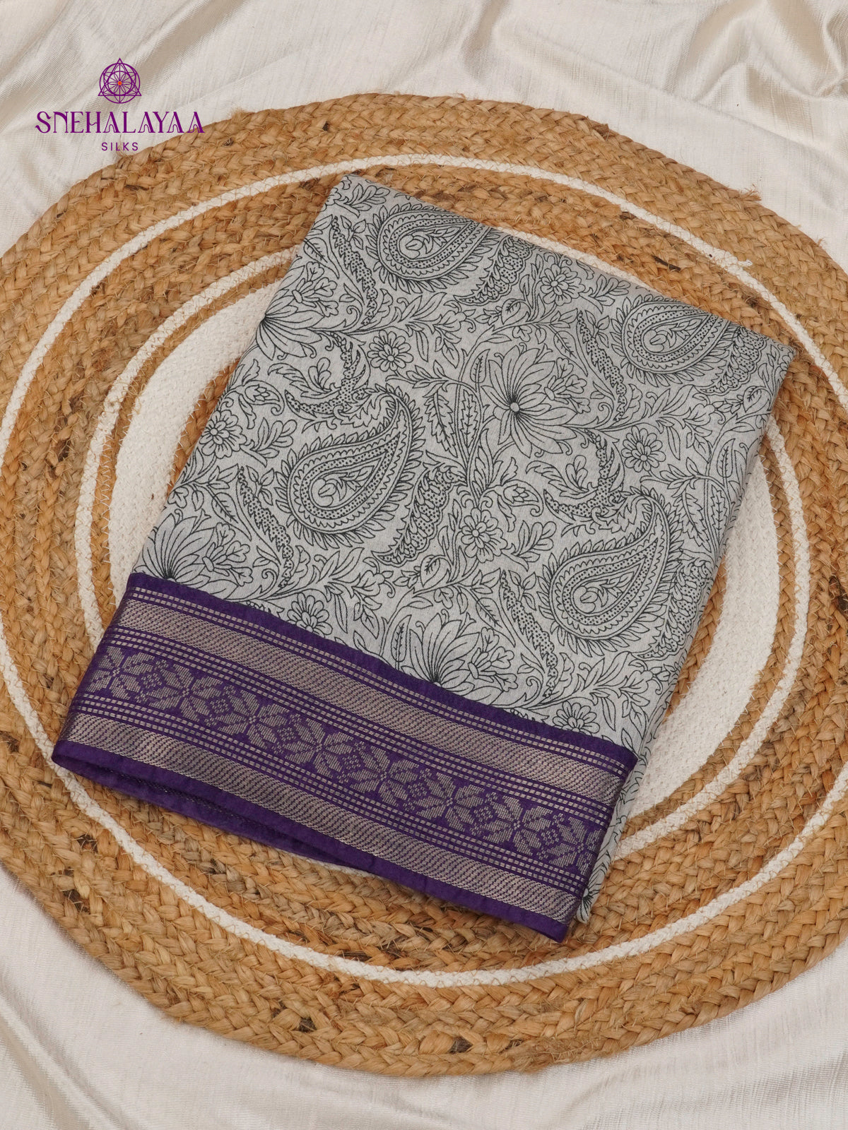 Off-White Kalamkari Saree with Violet Woven Border