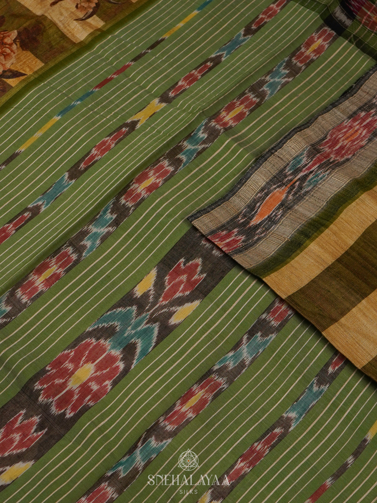 Beige Munga Tussar Saree with Green Border