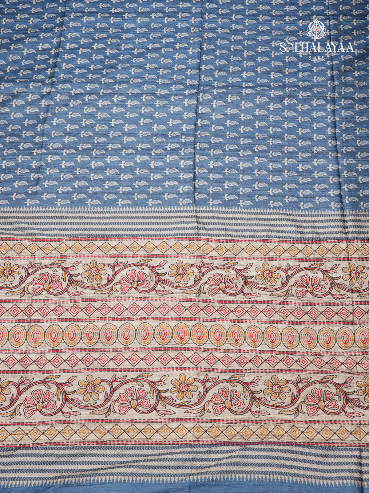 Teal Blue Tussar Embroidery Saree