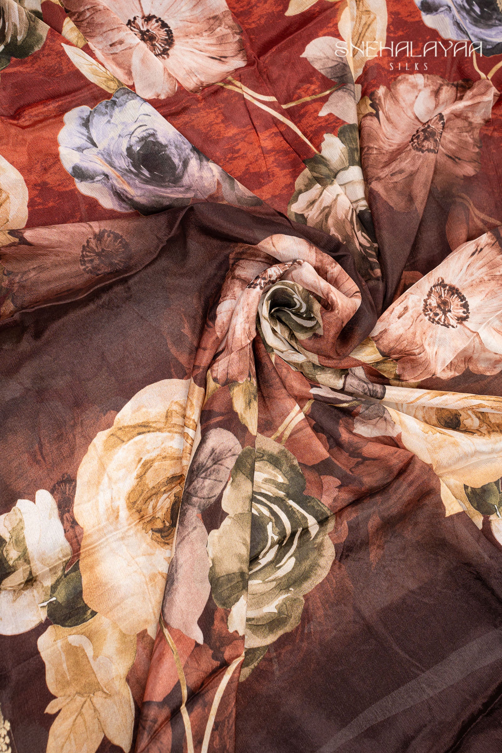 Rust Orange Chinon Saree