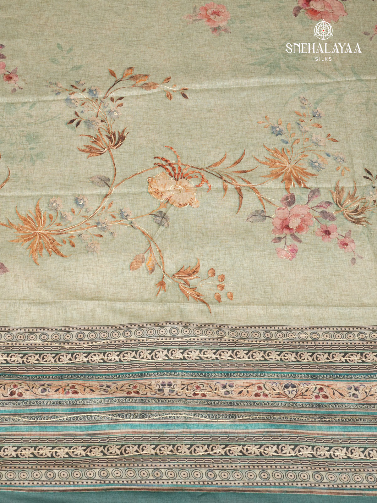 Sage Green Floral Printed Tussar Saree