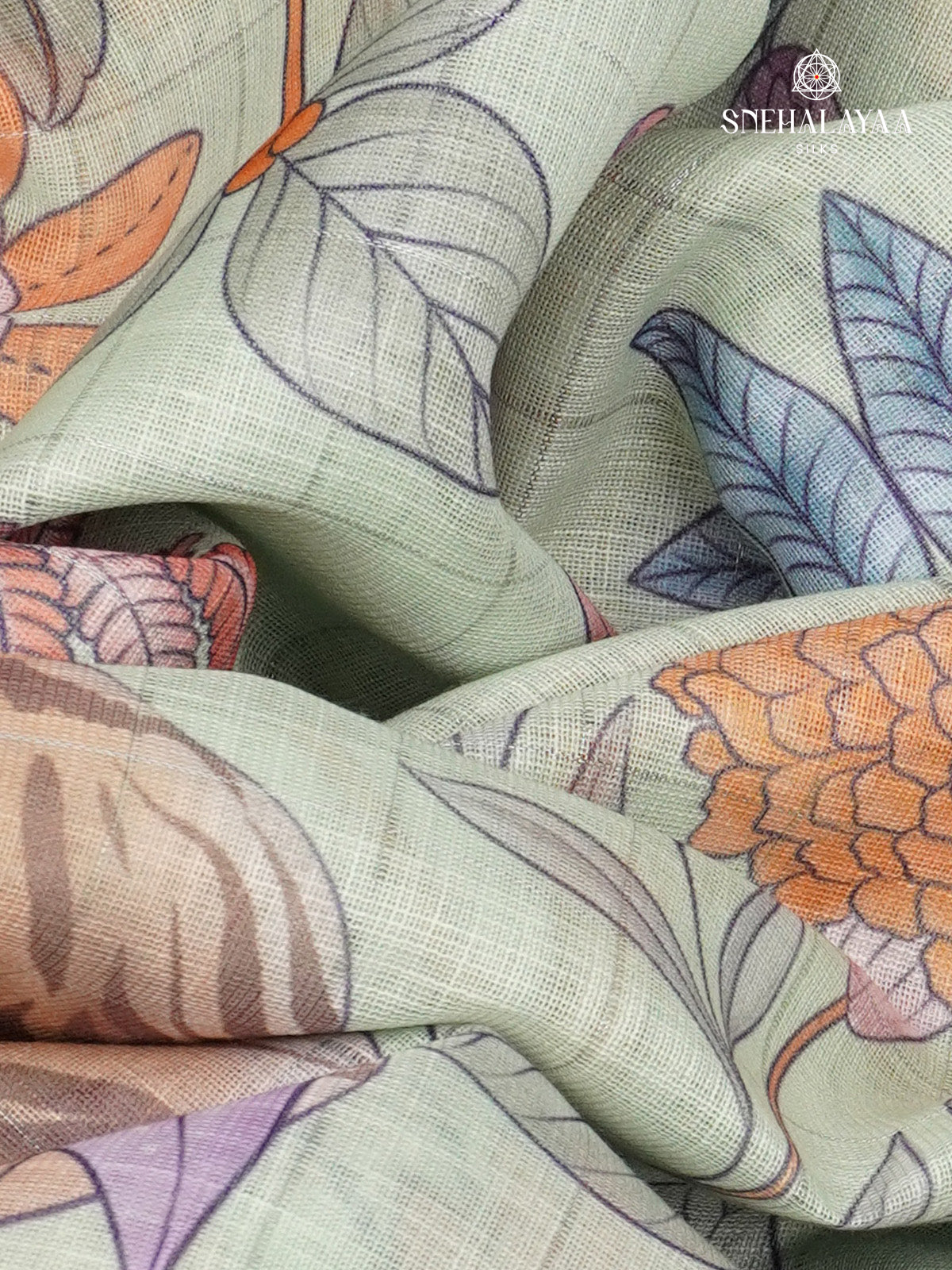 Pastel Green Printed Linen Saree