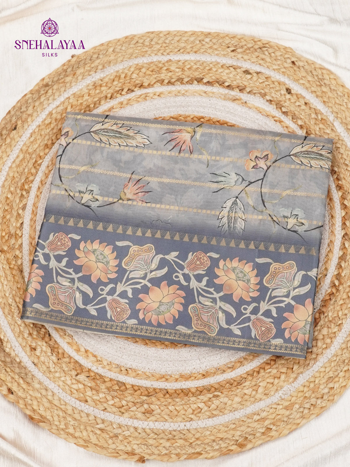 Grey Floral Printed Tussar Saree