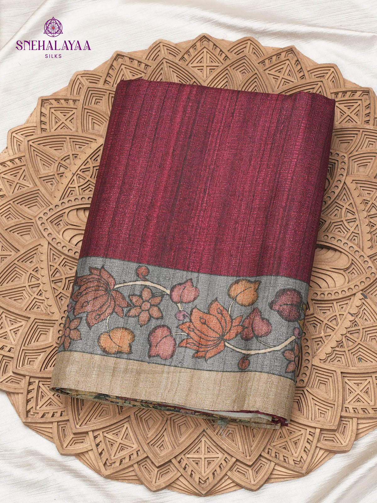 Burgundy Floral Printed Tussar Saree