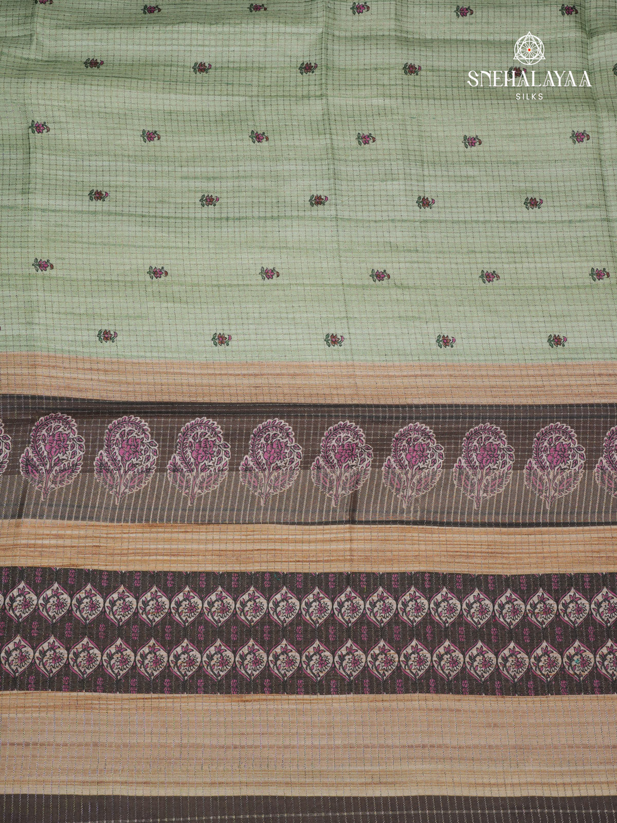 Pastel Green Floral Printed Tussar Saree