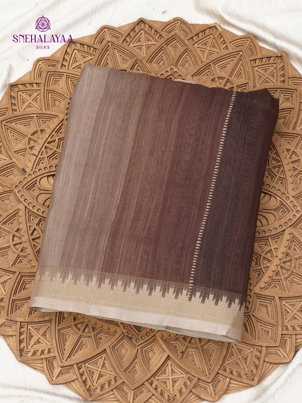 Brown Floral Printed Tussar Saree