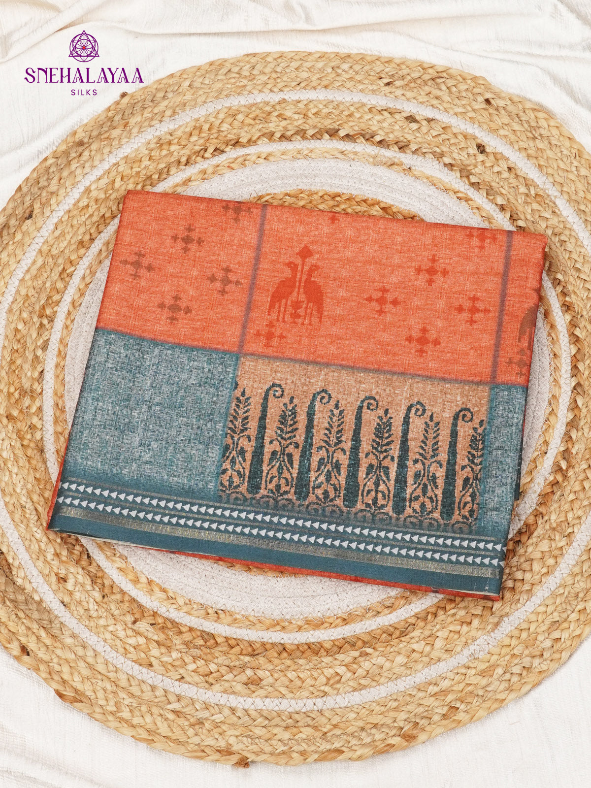 Rust Orange Floral Printed Tussar Saree