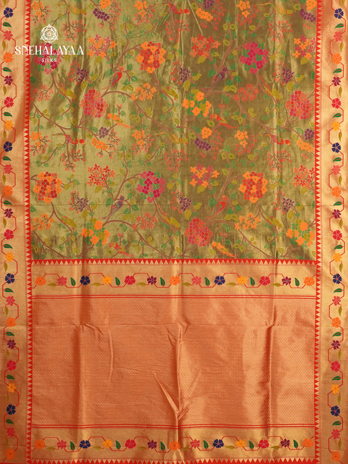 Olive Green Tissue Paithani Saree