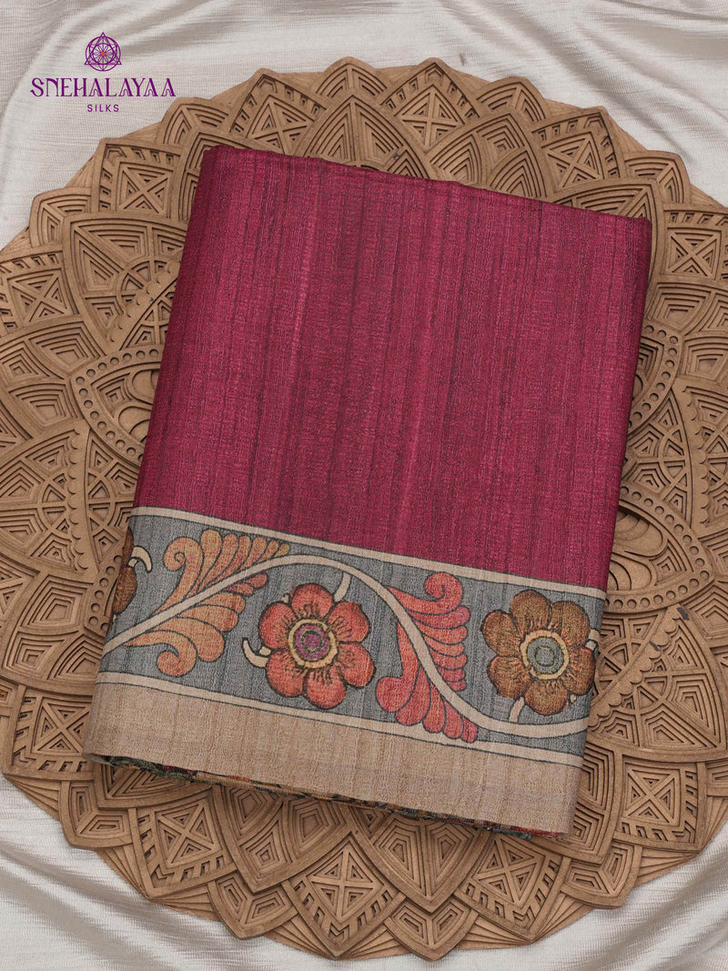 Magenta Floral Printed Tussar Saree