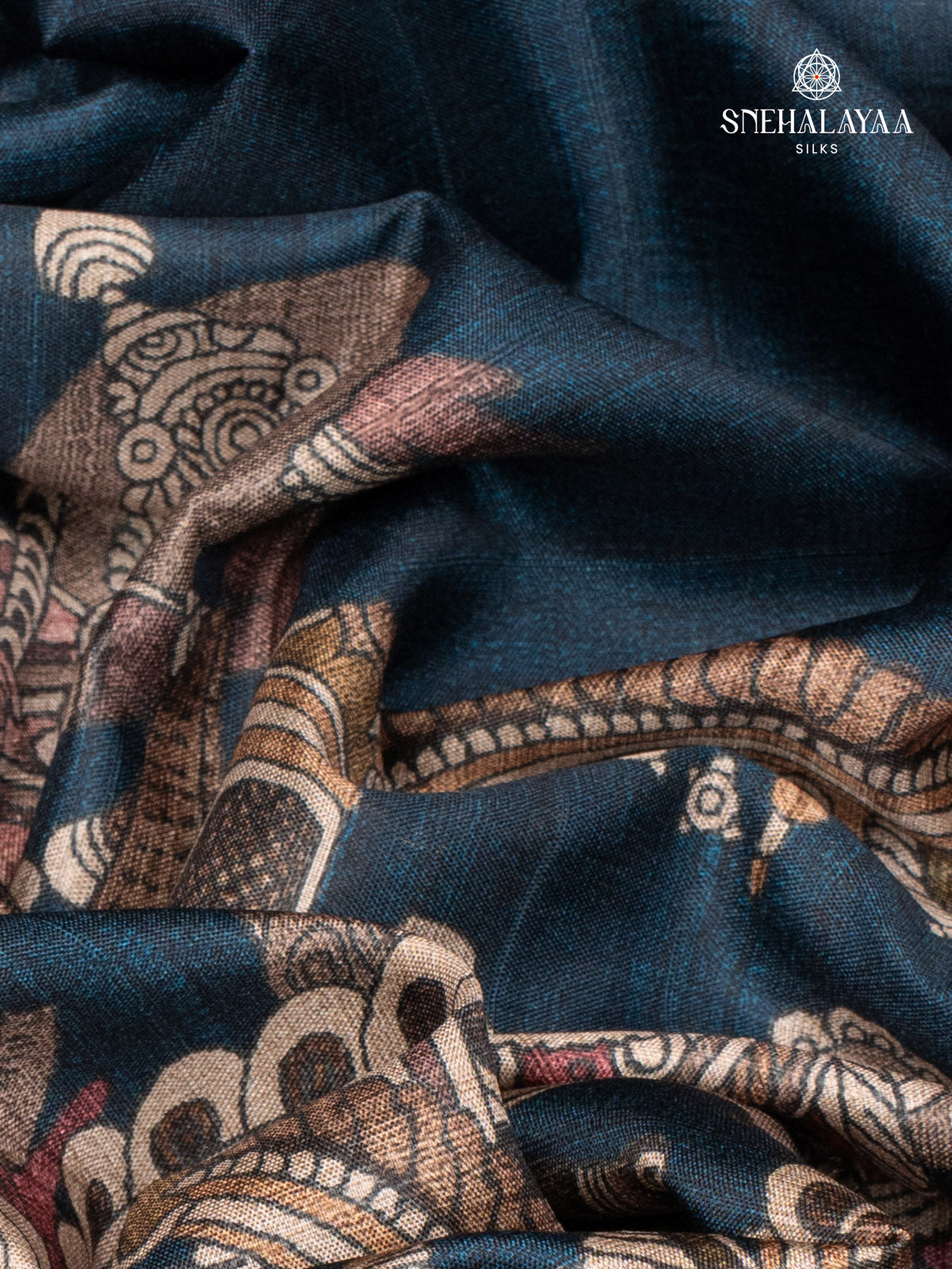 Navy Blue Printed Tussar Saree