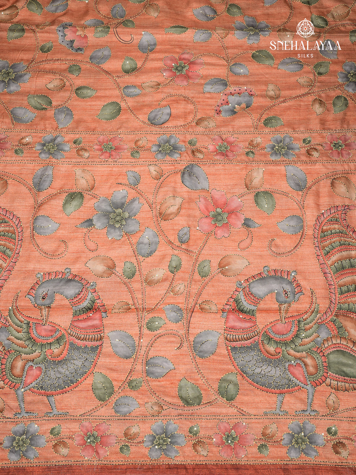 Orange Tussar Embroidery Saree