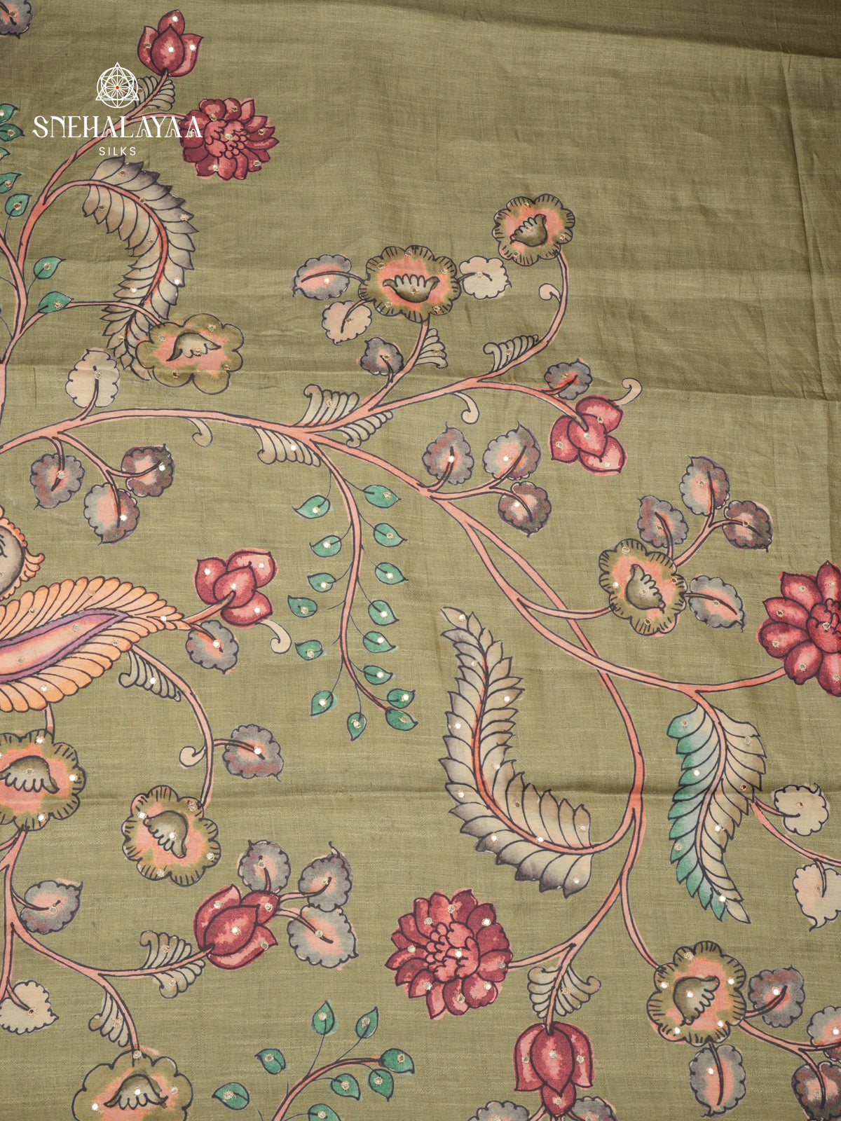Olive Green Tussar Embroidery Saree