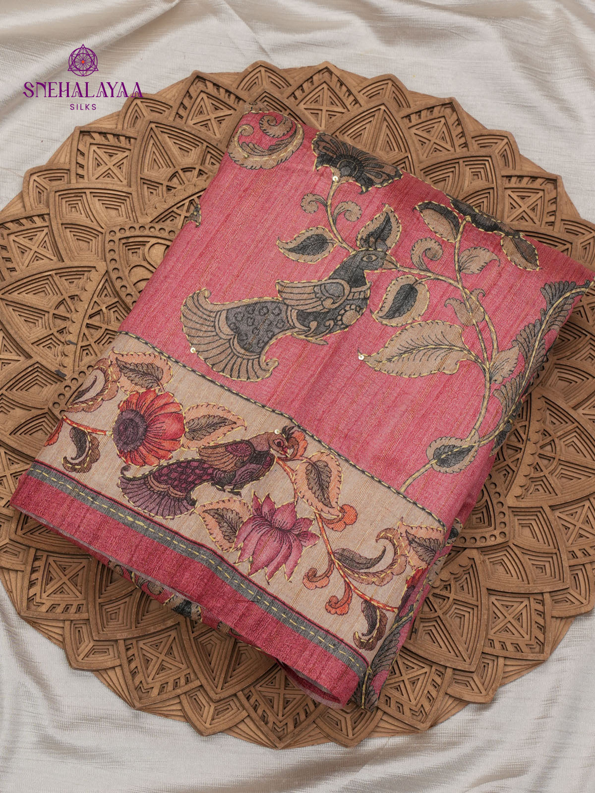 Pale Pink Tussar Embroidery Saree