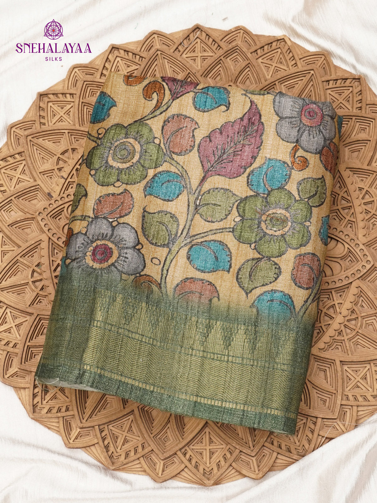 Beige Floral Printed Tussar Saree