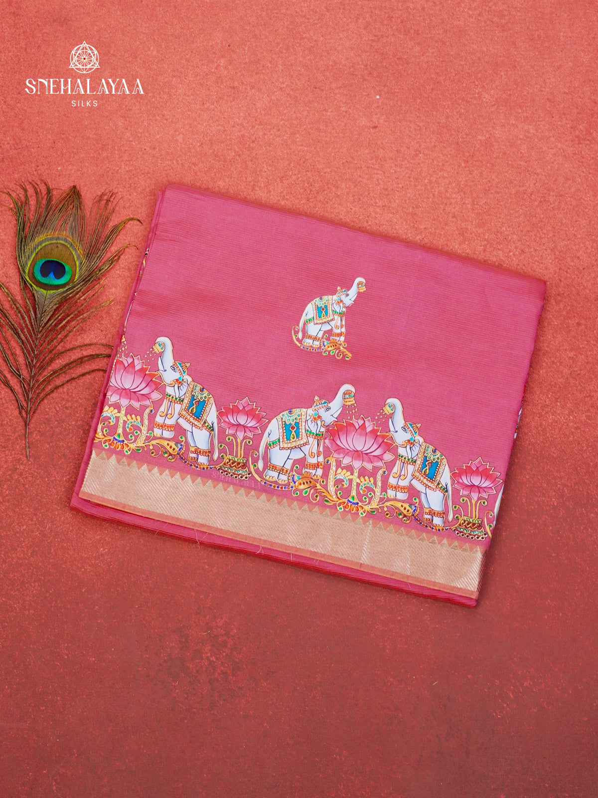 Pink Mangalagiri Silk Cotton Saree with Tanjore Art Print