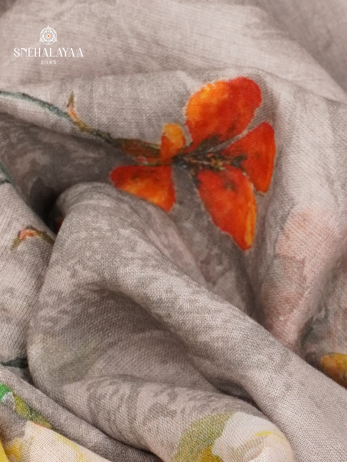 Grey Printed Linen Cotton Saree