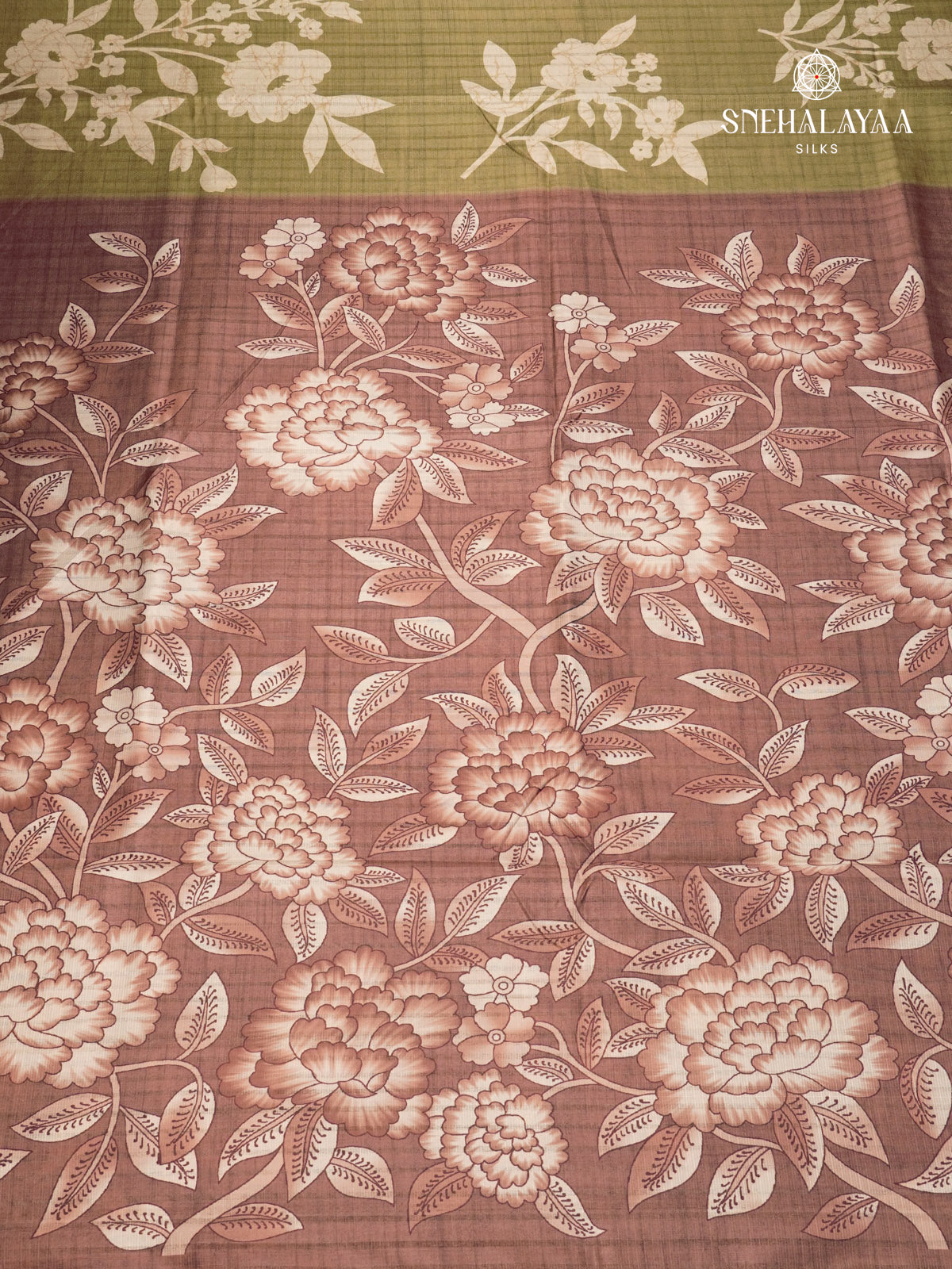 Olive Green Floral Printed Tussar Saree