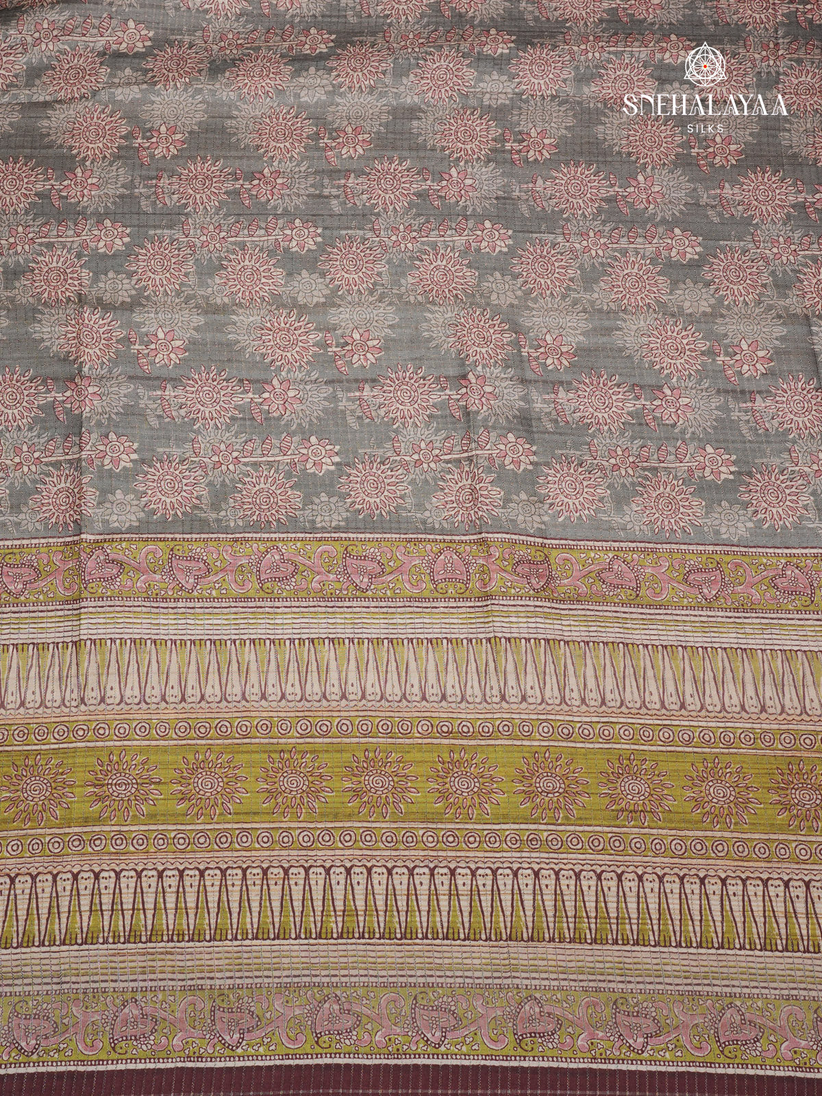 Grey Floral Printed Tussar Saree