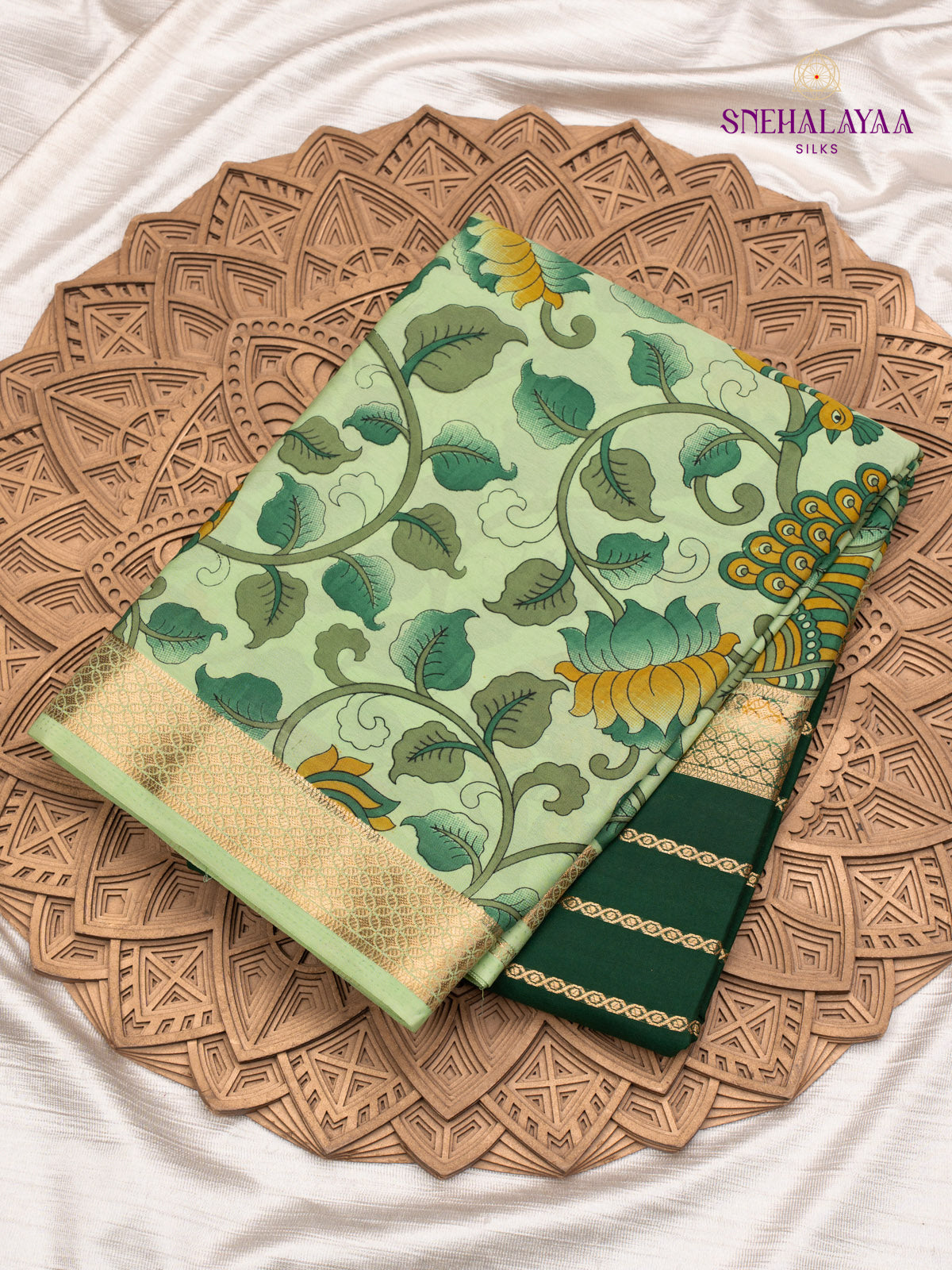 Green Printed Mysore Silk Saree