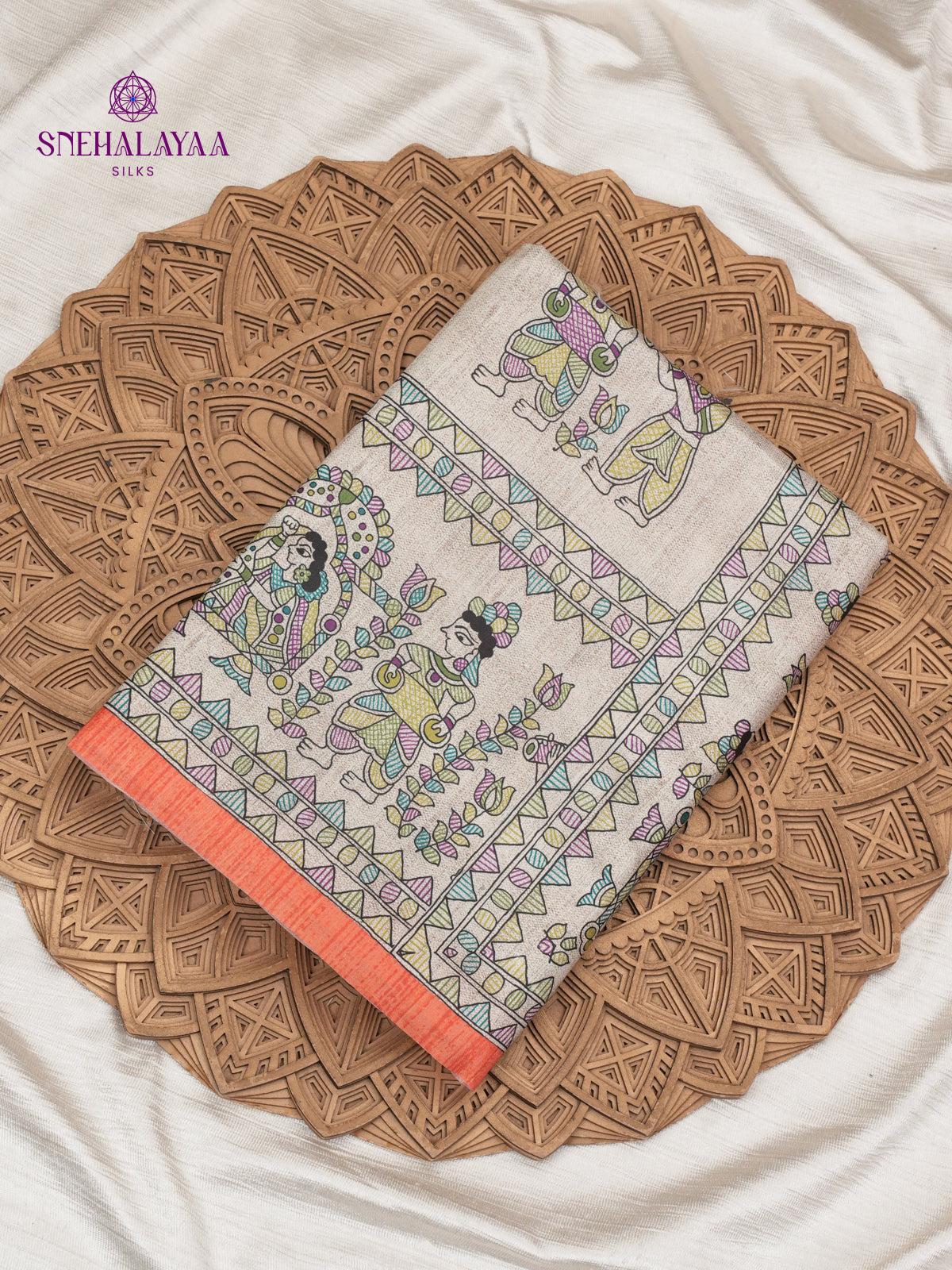 Beige With Orange Border Madhubani Saree