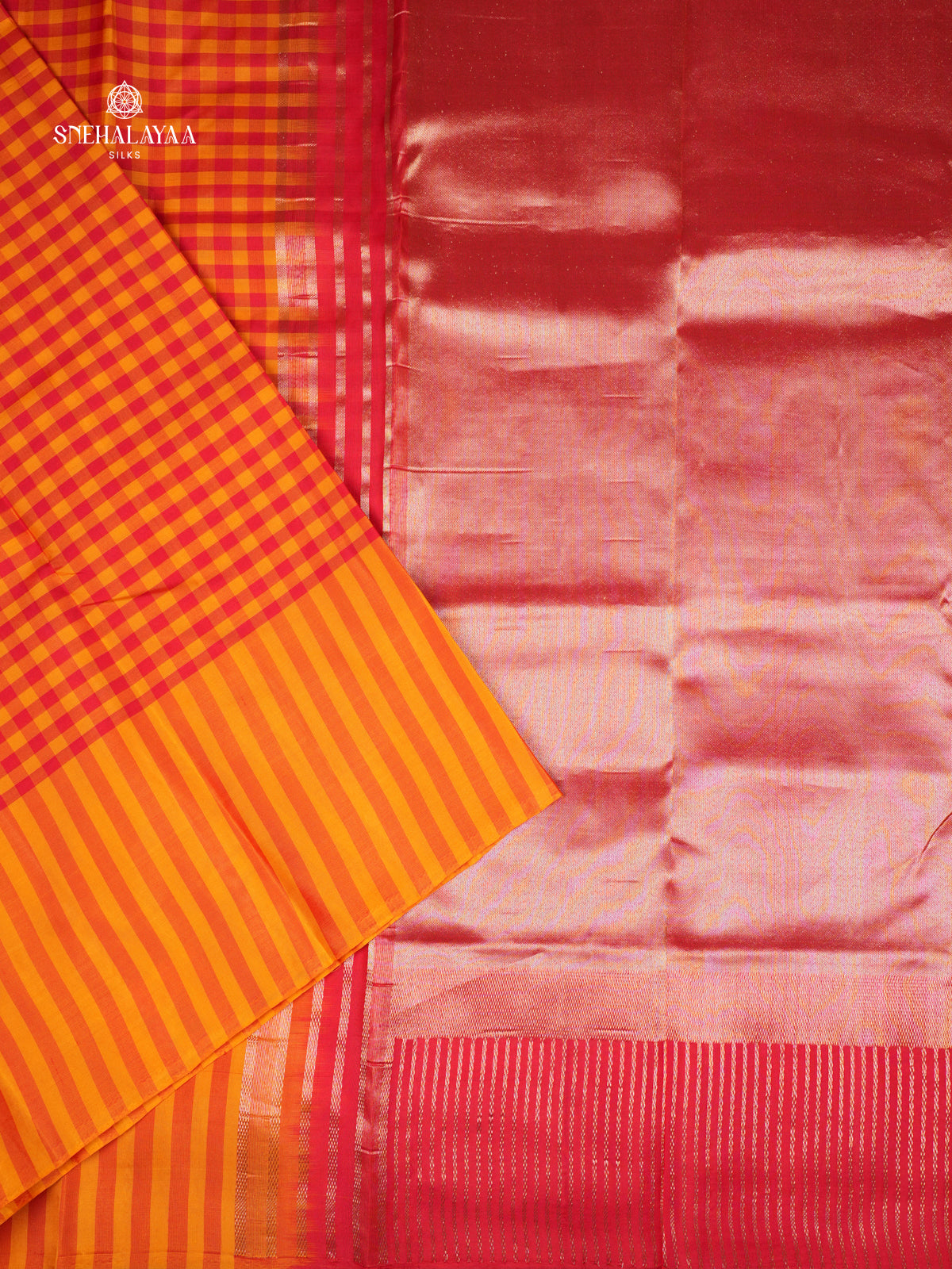 Orange Checks Kanjivaram Silk Saree