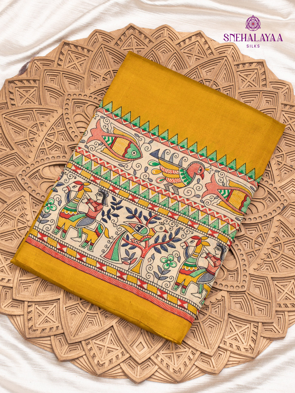 Mustard Yellow Printed Tussar Saree