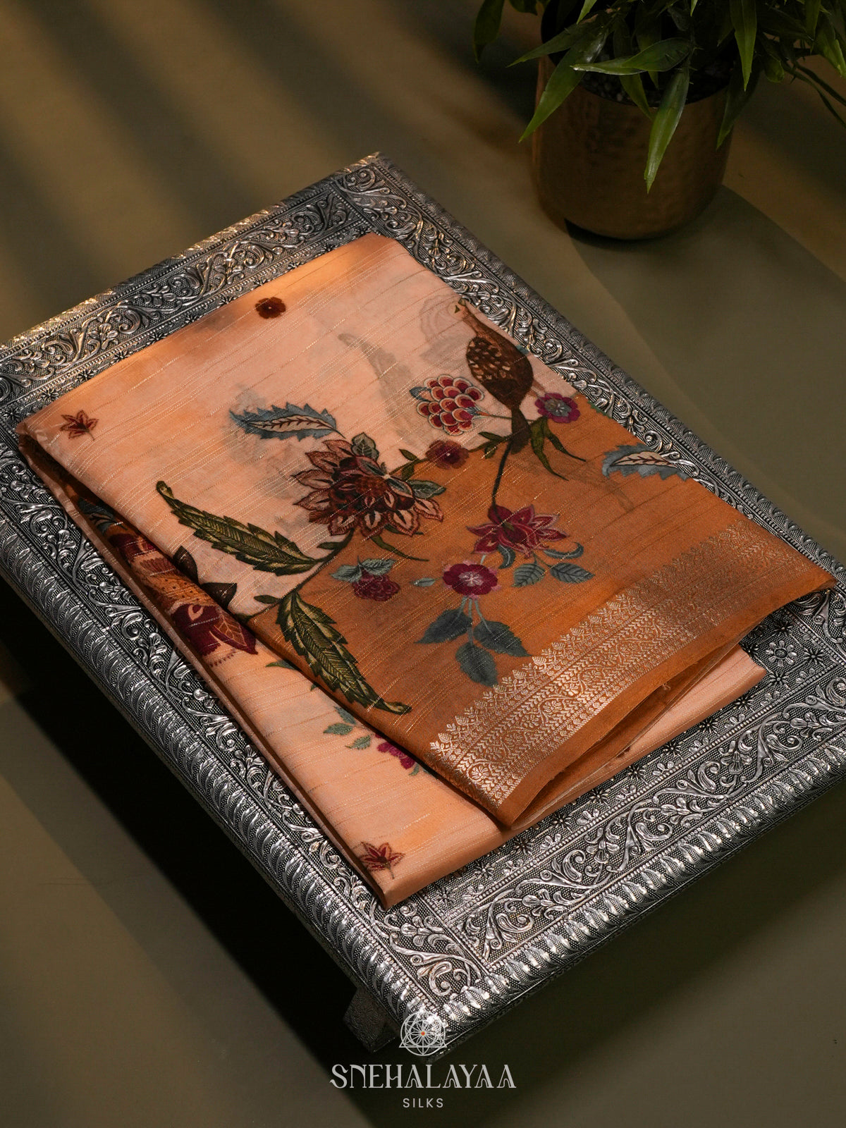 Peach Kora Silk Saree