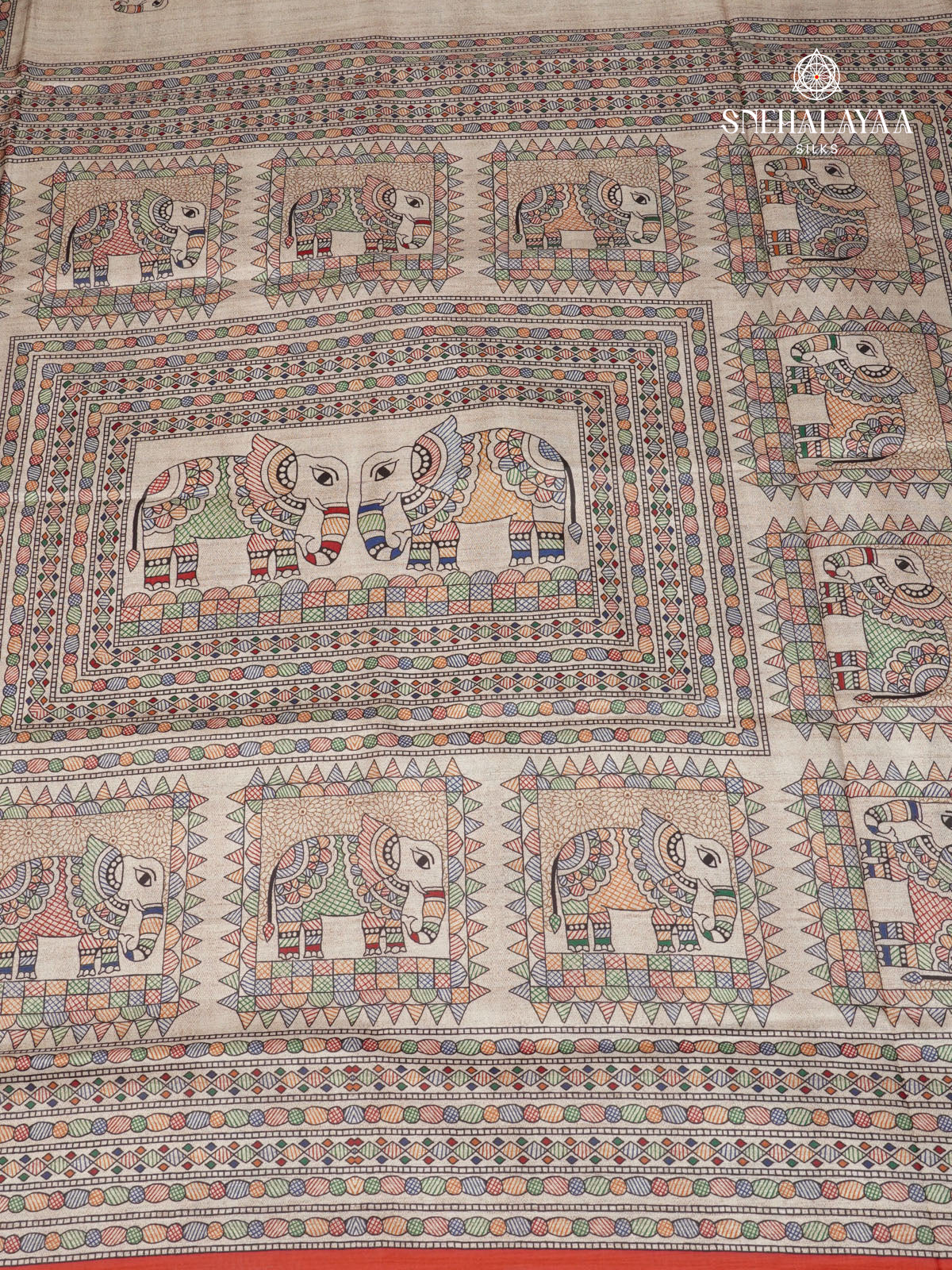 Beige With Red Border Madhubani Saree