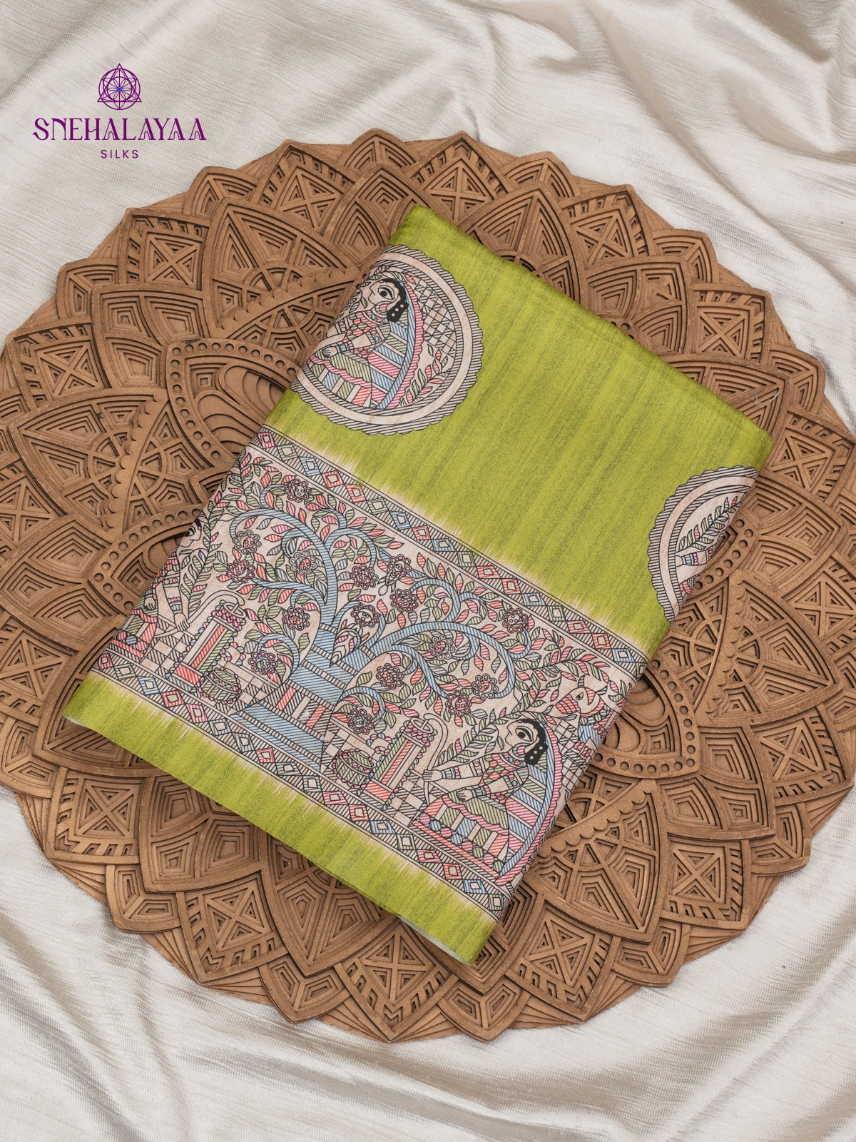 Pistachio Green Madhubani Printed Saree