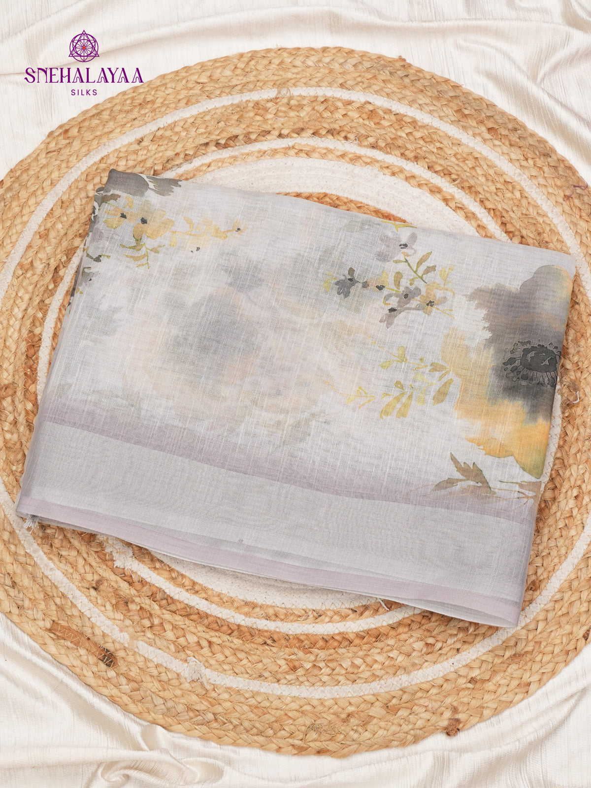 Pastel Grey Printed Linen Saree