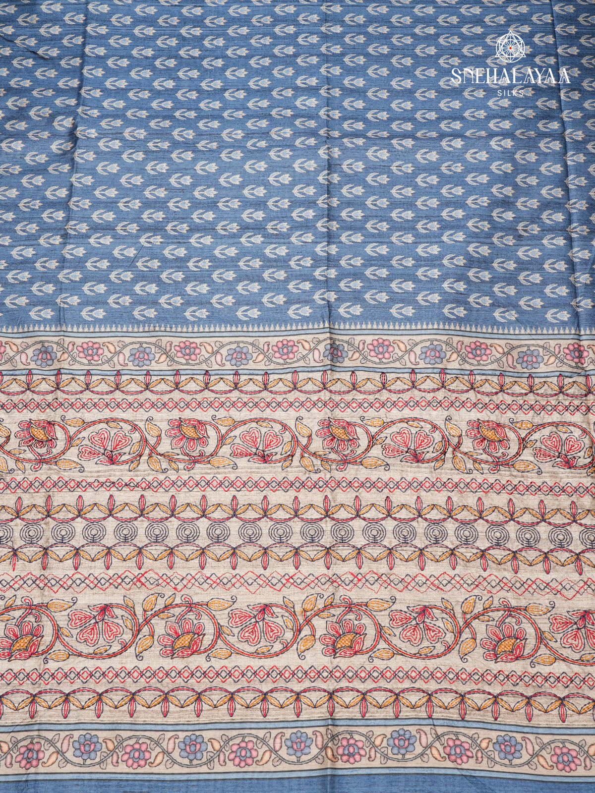 Teal Blue Tussar Embroidery Saree