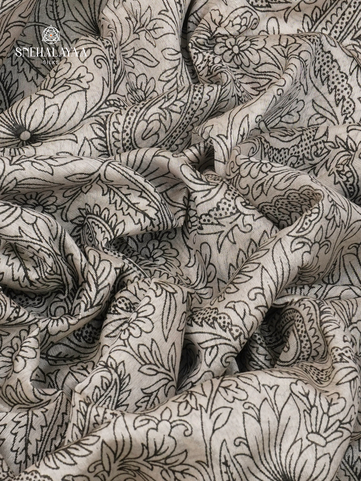 Off-White Kalamkari Saree with Green Woven Border