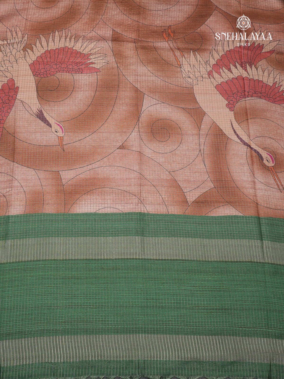 Brown Floral Printed Tussar Saree