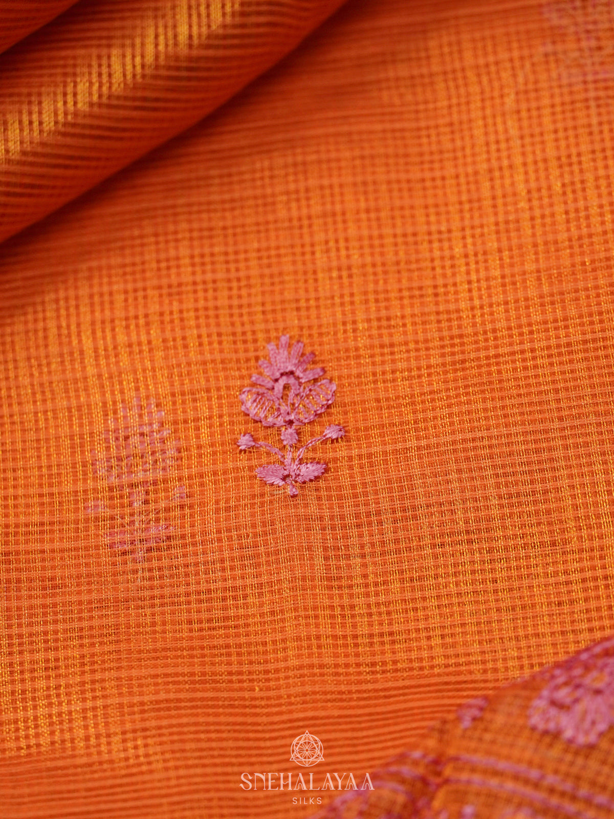 Orange Kota Embroidery Saree