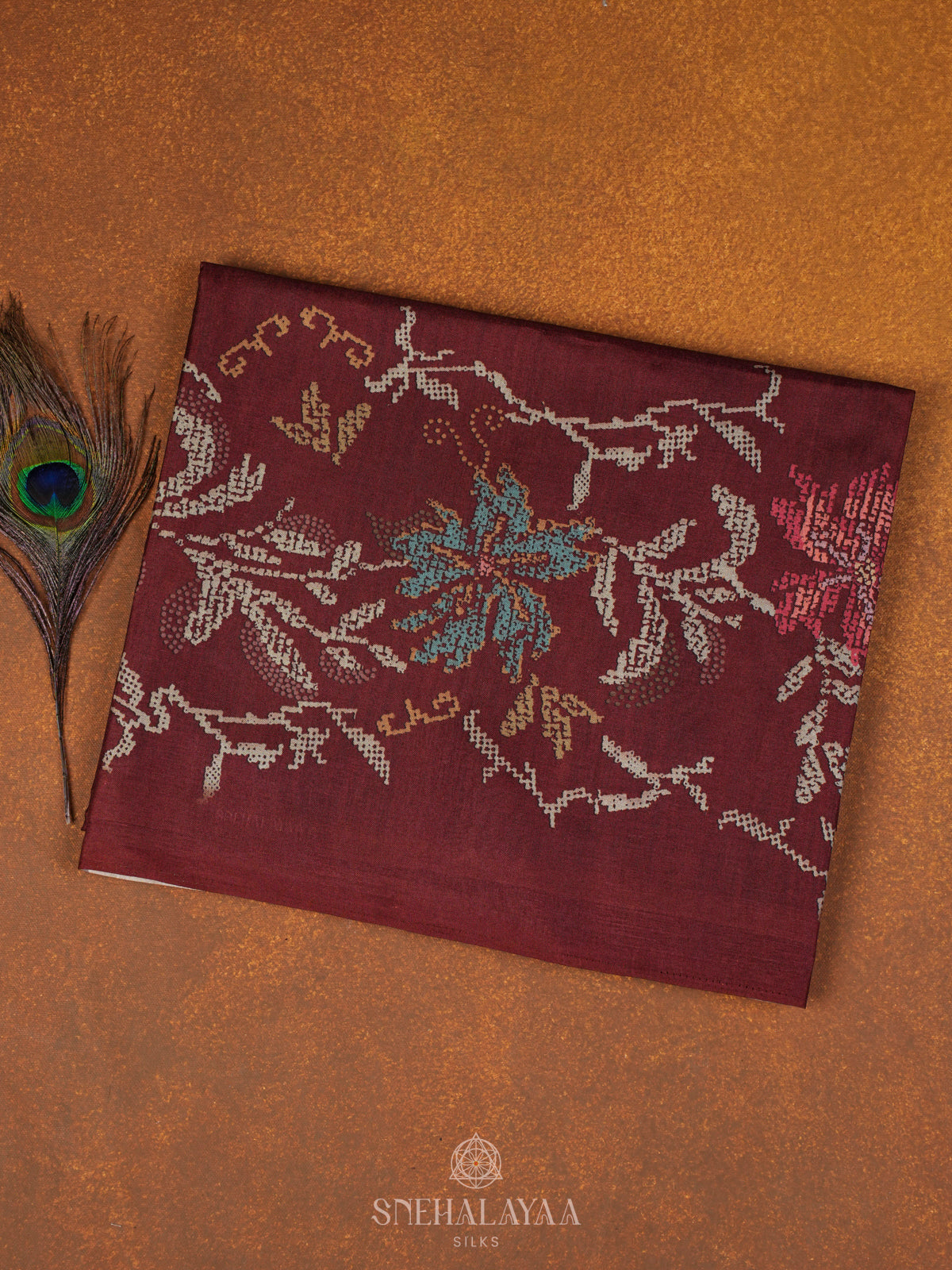 Maroon Floral Printed Tussar Saree