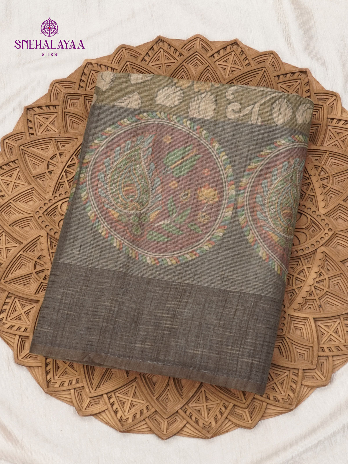 Brown Floral Printed Tussar Saree