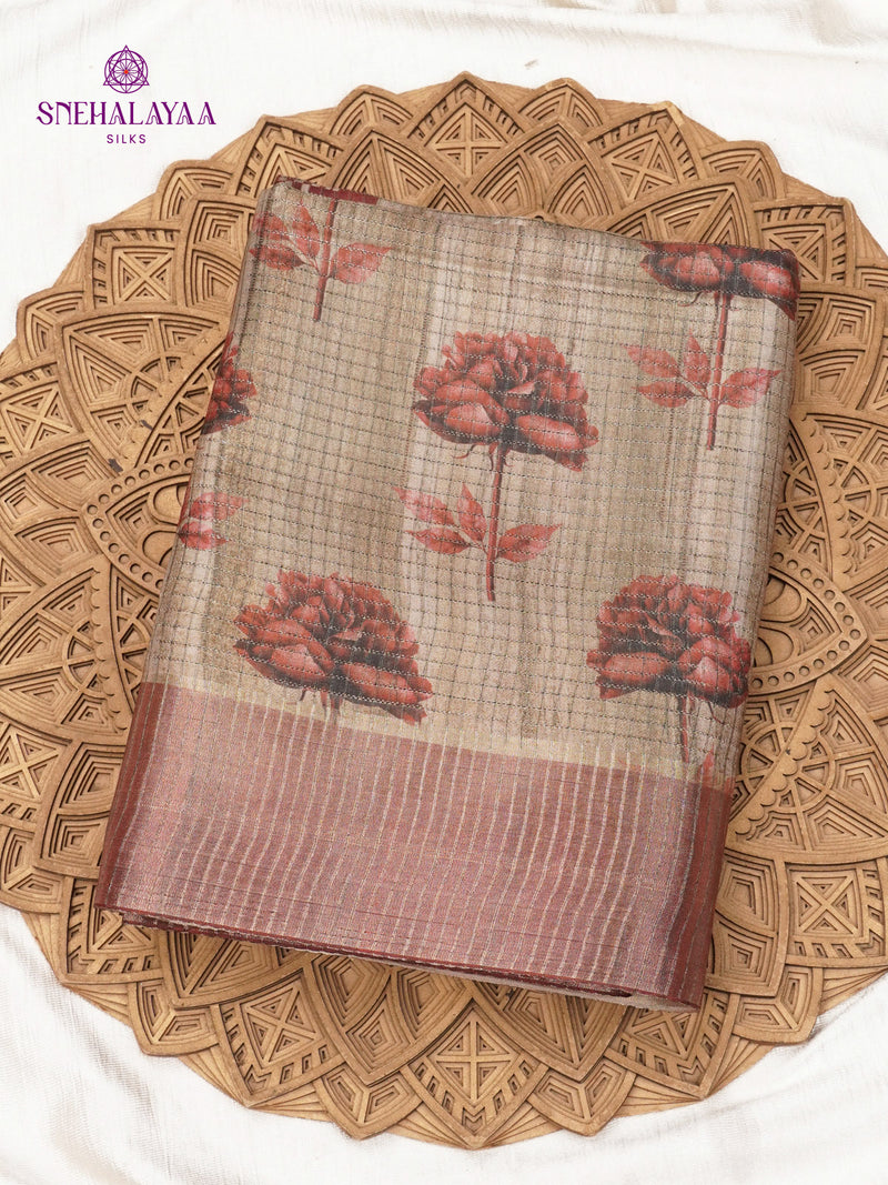 Brown Floral Printed Tussar Saree